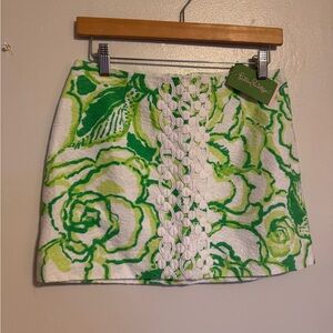 Lilly Pulitzer Green & White Floral Crochet-Trim Mini Skirt